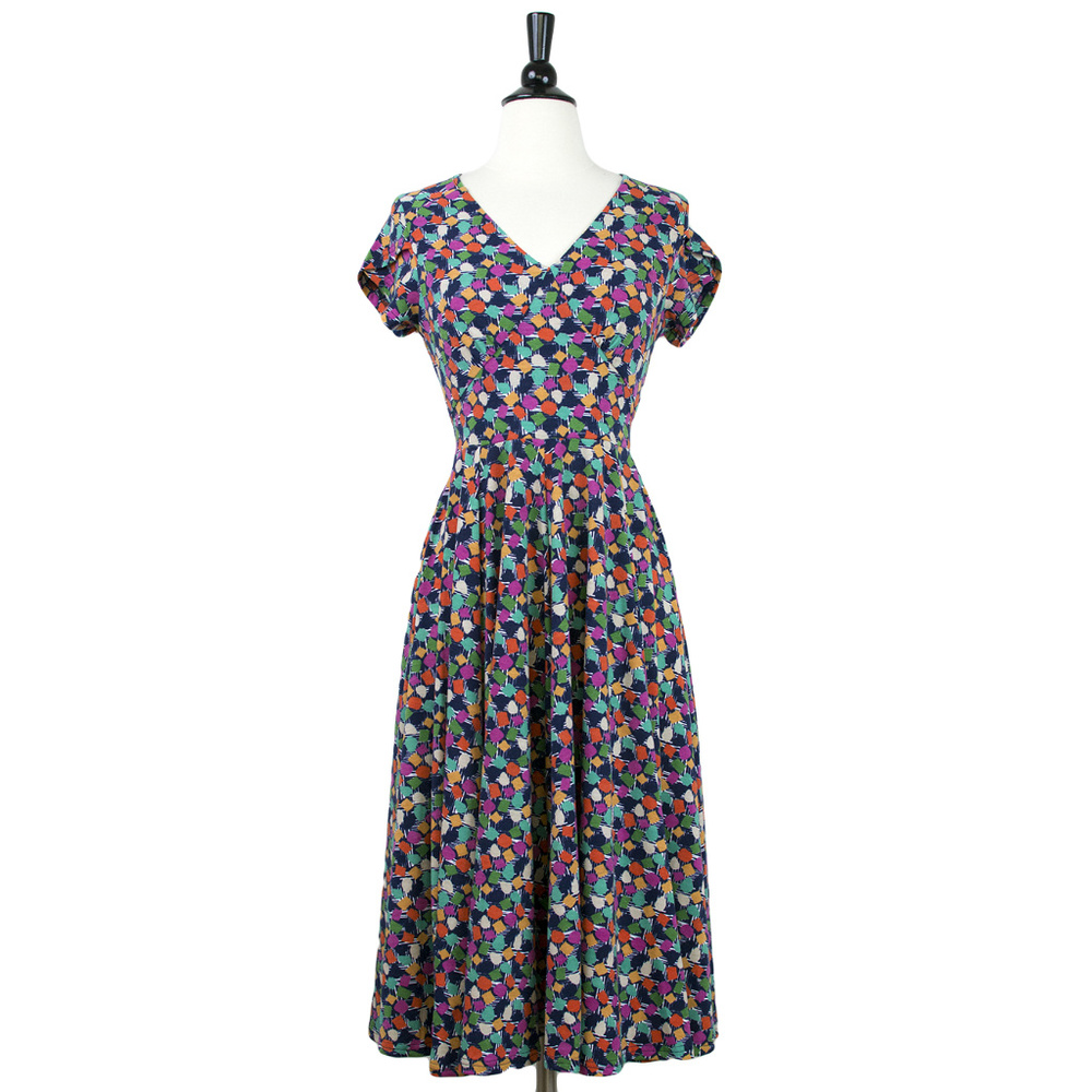 Frock Shop | Confetti Print V-Neck Short Sleeve Stretchy Midi Dress Tie Waist